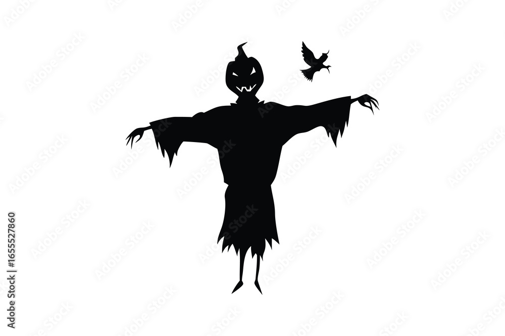 Fototapeta premium Scary scarecrow silhouette with crow isolated on white background