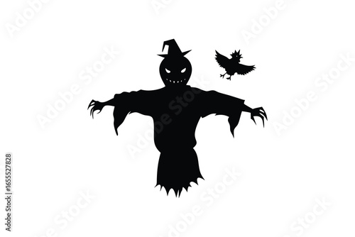 Scary scarecrow silhouette with bat isolated on white background