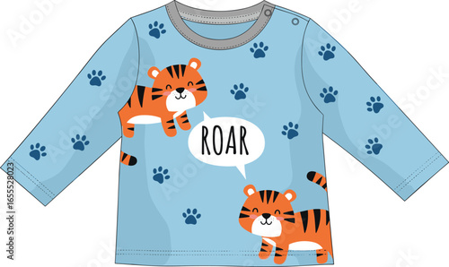 Cute baby blue t-shirt with tiger cartoon print, kids fashion clothing, long sleeve toddler wear, stylish children apparel, flat vector illustration