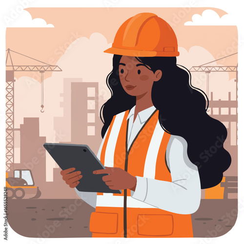 A confident Black female engineer in an orange hard hat and safety vest reviews plans on a tablet at a bustling construction site with cranes and buildings.