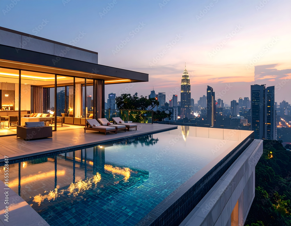 Fototapeta premium Modern Architecture & Interior Design Luxurious City View with Infinity Pool