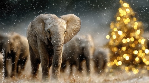 Wallpaper Mural Elephant in Snowy Landscape with Festive Bokeh Holiday Lights Torontodigital.ca