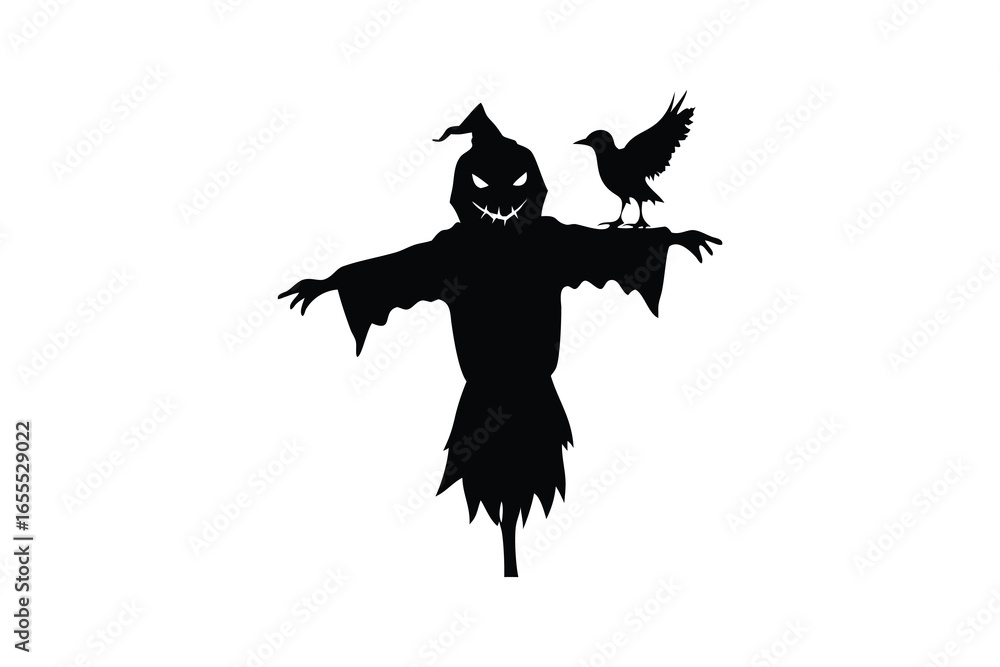 Fototapeta premium Scary scarecrow silhouette with bird flying isolated on white background