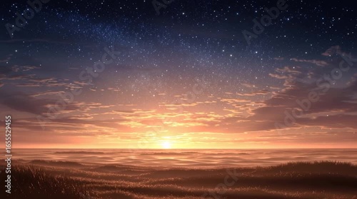 
A photorealistic timelapse of starry night sky fading into sunrise over endless grass plains, morning fog glowing under golden light