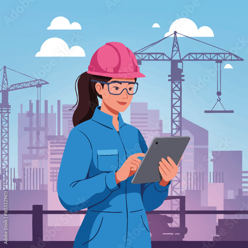 A female construction worker in a blue jumpsuit and pink hard hat uses a tablet to oversee a building project in a city with cranes and skyscrapers.