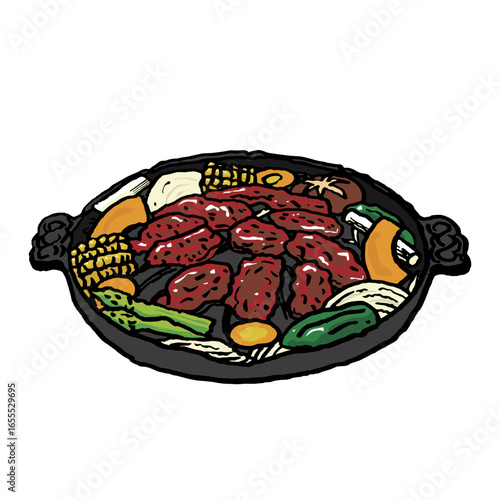 An illustration of lamb and vegetables being grilled in a jingisukan pan