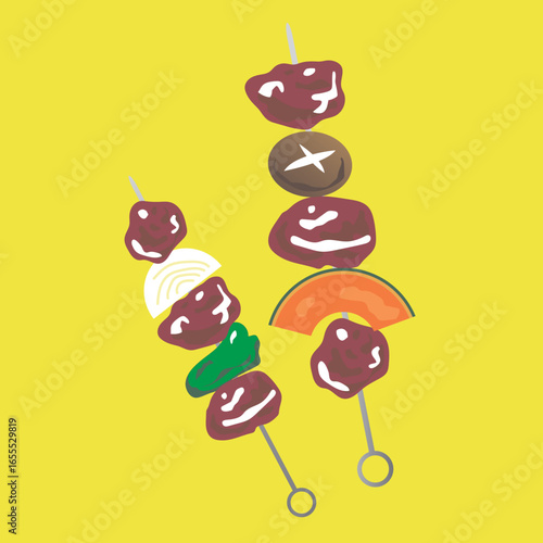 An illustration of yakitori and vegetables on skewers