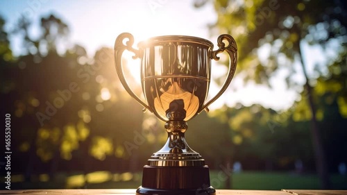Golden trophy award outdoor sunlight