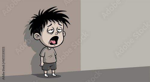 Cartoon Boy with Sleepy Eyes and Messy Hair Yawning Against Wall