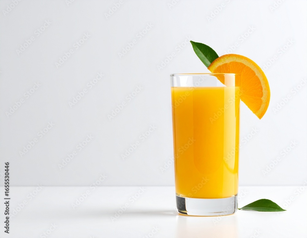 Fototapeta premium Vibrant Orange Juice Glass with Fresh Slice and Leaf on White