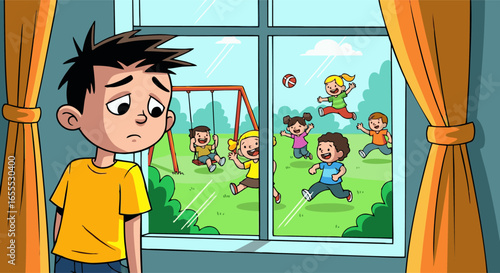 Cartoon Boy's Sadness Watching Playful Children Through Window