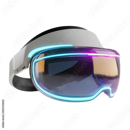 Futuristic VR Headset with Neon Accents and Reflective Visor.