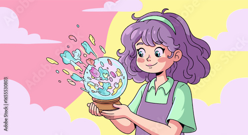 Cartoon girl with lavender hair holding a magical crystal ball