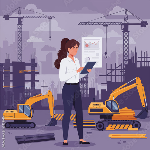 A female construction manager reviews project data on a clipboard at a building site with excavators and cranes in a modern, flat vector illustration.