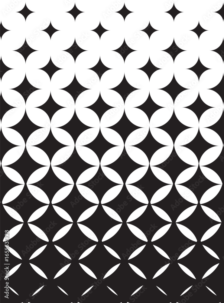 Fototapeta premium Seamless black and white geometric pattern with circular star-like shapes, modern abstract optical design background.