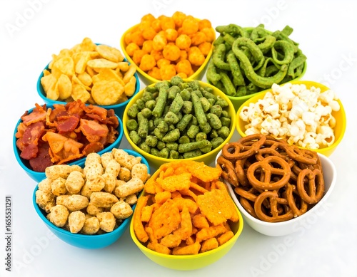 Colorful assortment of snacks in small bowls