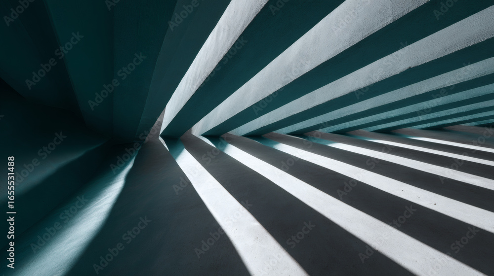 Naklejka premium Abstract architectural image featuring radiating silver gray and muted teal beams casting dynamic shadows. geometric pattern creates sense of depth and movement, evoking modern and minimalist