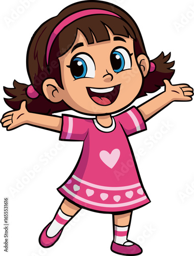 Cheerful Cartoon Girl with Open Arms and Pink Heart Dress