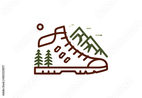 Hiking boot graphic with mountain landscape