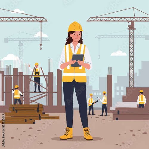 An empowered female architect or project manager in a yellow hard hat and vest inspects plans on a tablet at a busy construction site.