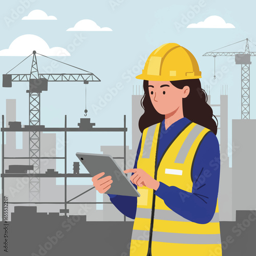 Female construction worker in a yellow hard hat and safety vest uses a digital tablet on a building site with cranes and scaffolding in the background.