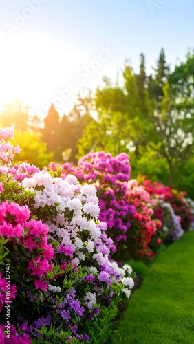 Colorful flower garden at sunset