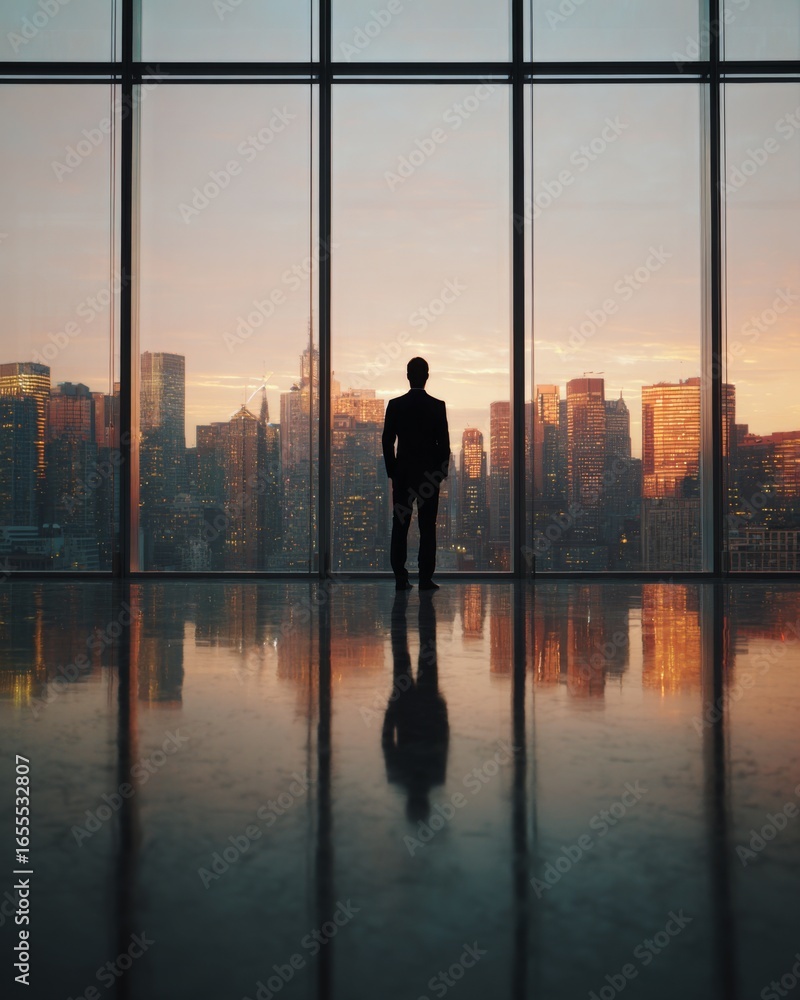 Fototapeta premium Business leader standing in front of floor-to-ceiling windows overlooking a modern city skyline, representing vision and ambition.