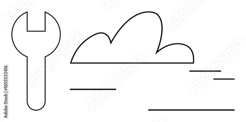 Wrench beside a cloud with clean lines symbolizing digital tools, services, and optimization. Ideal for technology, cloud storage, digital repair, IT solutions, data management, software setup