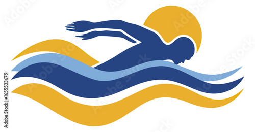 Swimming person silhouette on water waves illustration