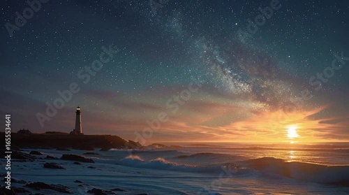 
A photorealistic timelapse of night sky filled with stars fading into sunrise behind a lighthouse on the coast, waves crashing