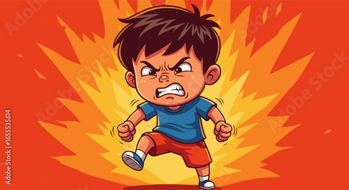Furious Cartoon Boy Against Fiery Explosion Background