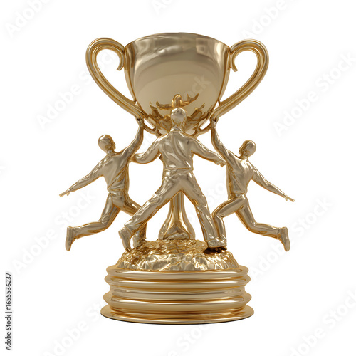 Golden Trophy with Three Figures Lifting the Cup in Unified Celebration.