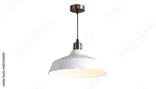 White pendant lamp with copper accents, simple design, hanging from ceiling