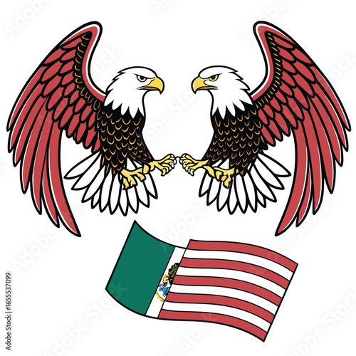 Two fierce eagles face each other above a uniquely designed American flag on white