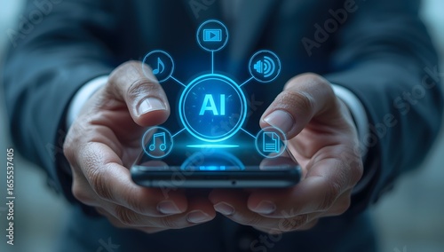User interacting with AI chatbot on mobile device, surrounded by speech bubble, voice waveform, command prompt bar, representing conversational AI, virtual assistant, and smart customer support.