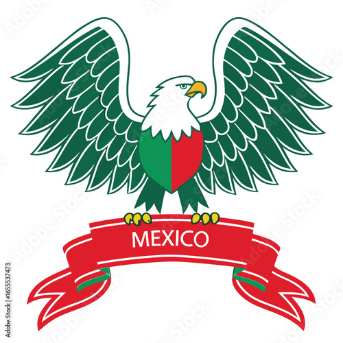 National eagle spreads its wings, showcasing the colors of Mexico and a red ribbon below