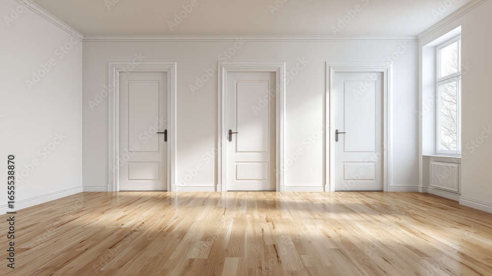 Fototapeta premium Minimalist bright and clean empty room, three white doors in three corners, wooden floor running through the whole room, quiet and simple interior space