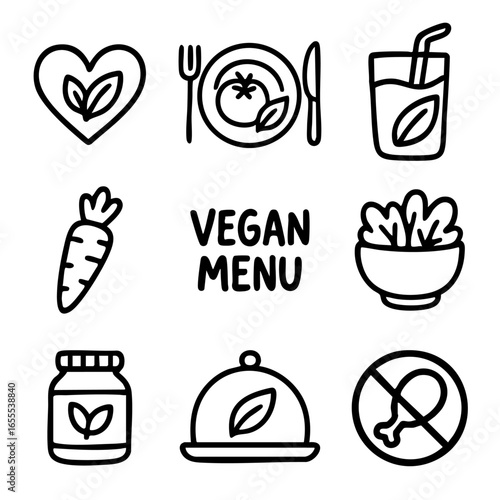 A set of doodle line icons representing vegan lifestyle with healthy meals, plant-based ingredients, no meat, and natural products