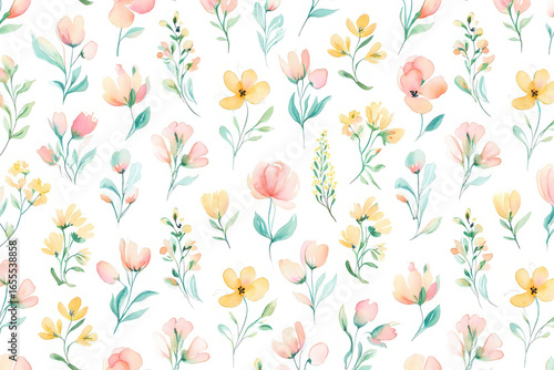 Soft watercolor floral pattern with delicate pink and yellow flowers and green leaves