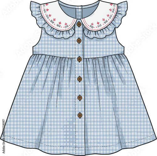 Baby Blue Gingham Dress Vector Illustration, Peter Pan Collar with Floral Embroidery, Ruffle Sleeves, Button-Down Front, Infant Apparel Design, SEO Maintained, Flat Vector