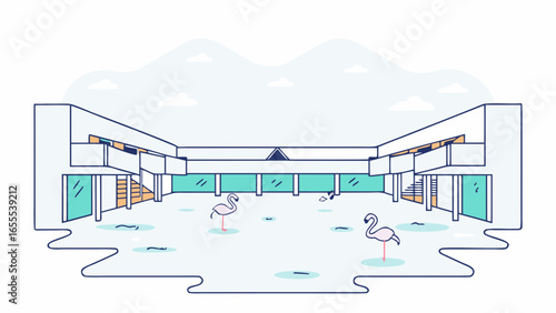 Flamingos standing in a flooded abandoned shopping mall