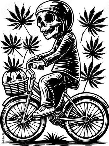 SVG featuring a skull adorned with cannabis leaves in a Halloween theme. Skull Character Riding Bicycle Surrounded by Cannabis Leaves