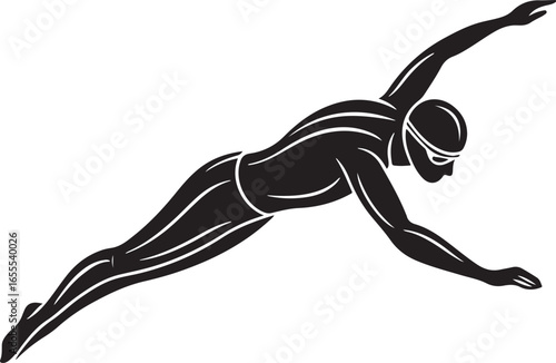 Dynamic silhouette of a swimmer performing the freestyle stroke with grace and power in a stylized black and white illustration