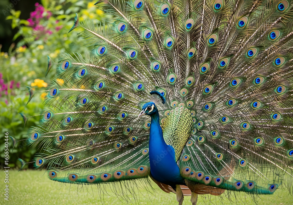 Obraz premium Majestic Peacock Displaying Vibrant Plumage in a Lush Garden