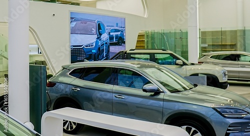 Concesionario de autos modernos en exhibición interior