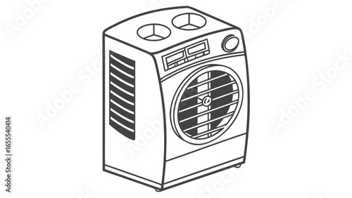 Illustration of a portable evaporative cooler with a circular fan and control panel on the front side