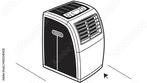 Illustration of a portable air conditioner unit with controls and ventilation grill design feature