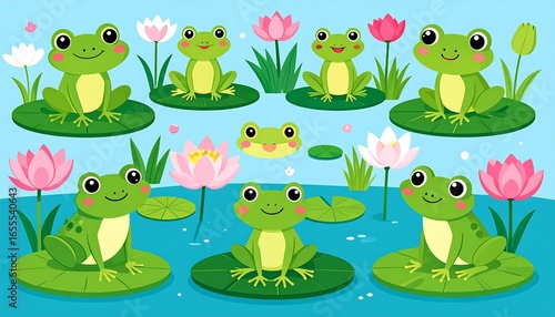 Cute cartoon frogs on lily pads and flowers
