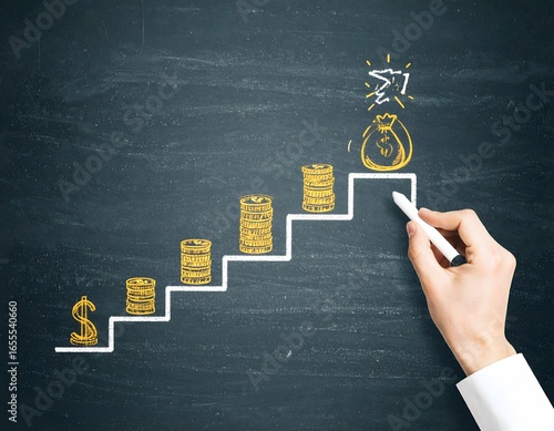 A hand drawing a chalk staircase with increasing stacks of coins on a blackboard, symbolizing financial growth, investment strategy, and career success.