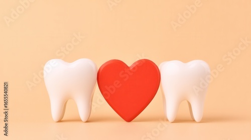 Two white tooth models with a red heart in between, placed on a light orange background, symbolizing dental care or love for oral health.